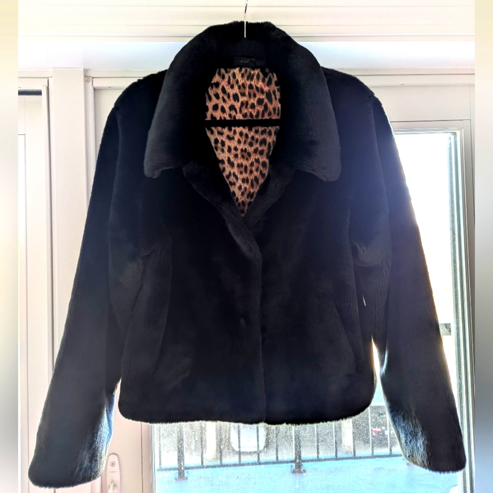 Hurley black faux fur jacket with Silky leopard lining